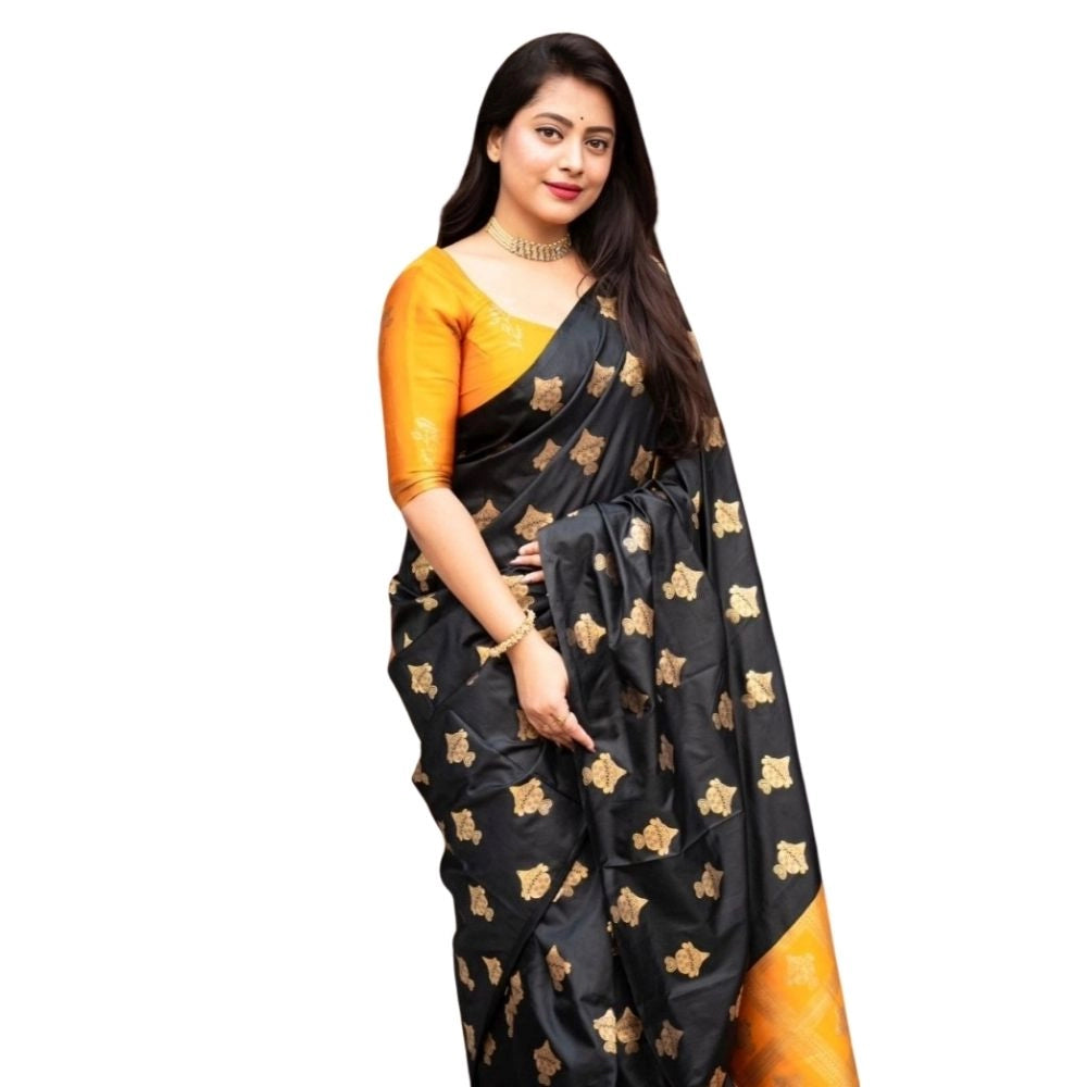 Snuggle Spot Women's Silk Printed Saree With Unstitched Blouse 5.5Mtr (Yellow)