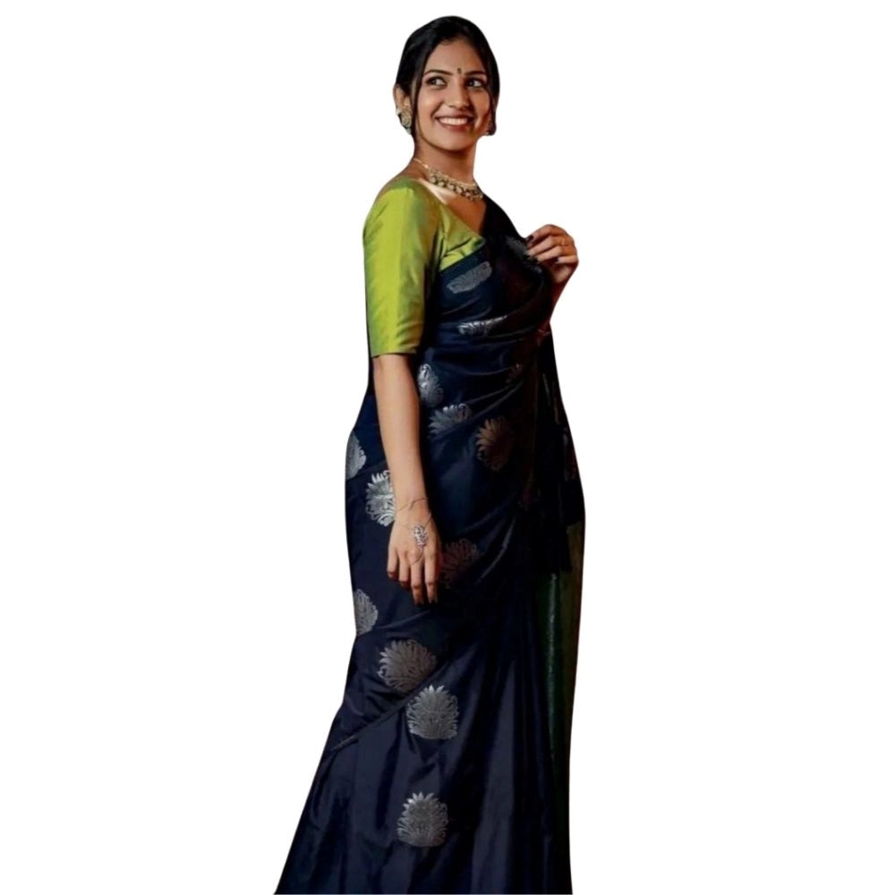 Snuggle Spot Women's Silk Printed Saree With Unstitched Blouse 5.5Mtr (Navy Blue)