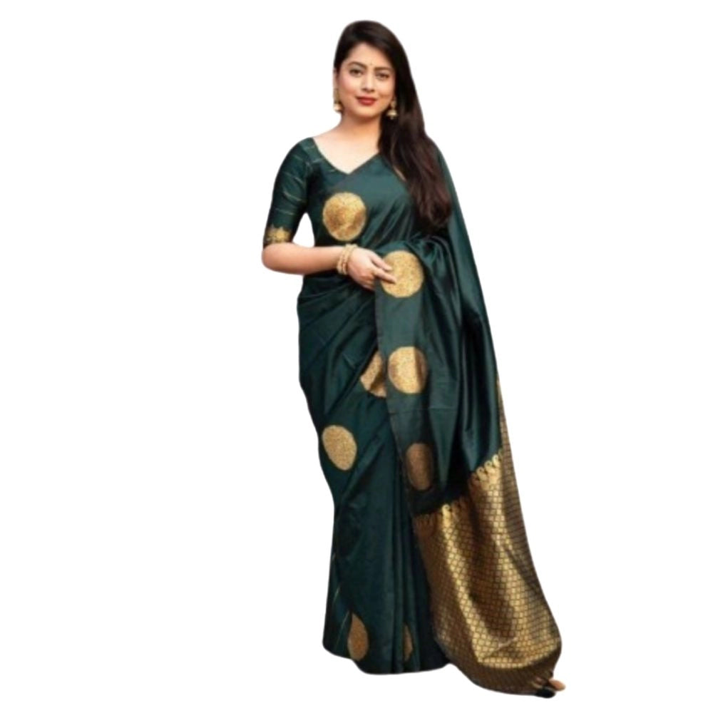 Snuggle Spot Women's Silk Printed Saree With Unstitched Blouse 5.5Mtr (Green)