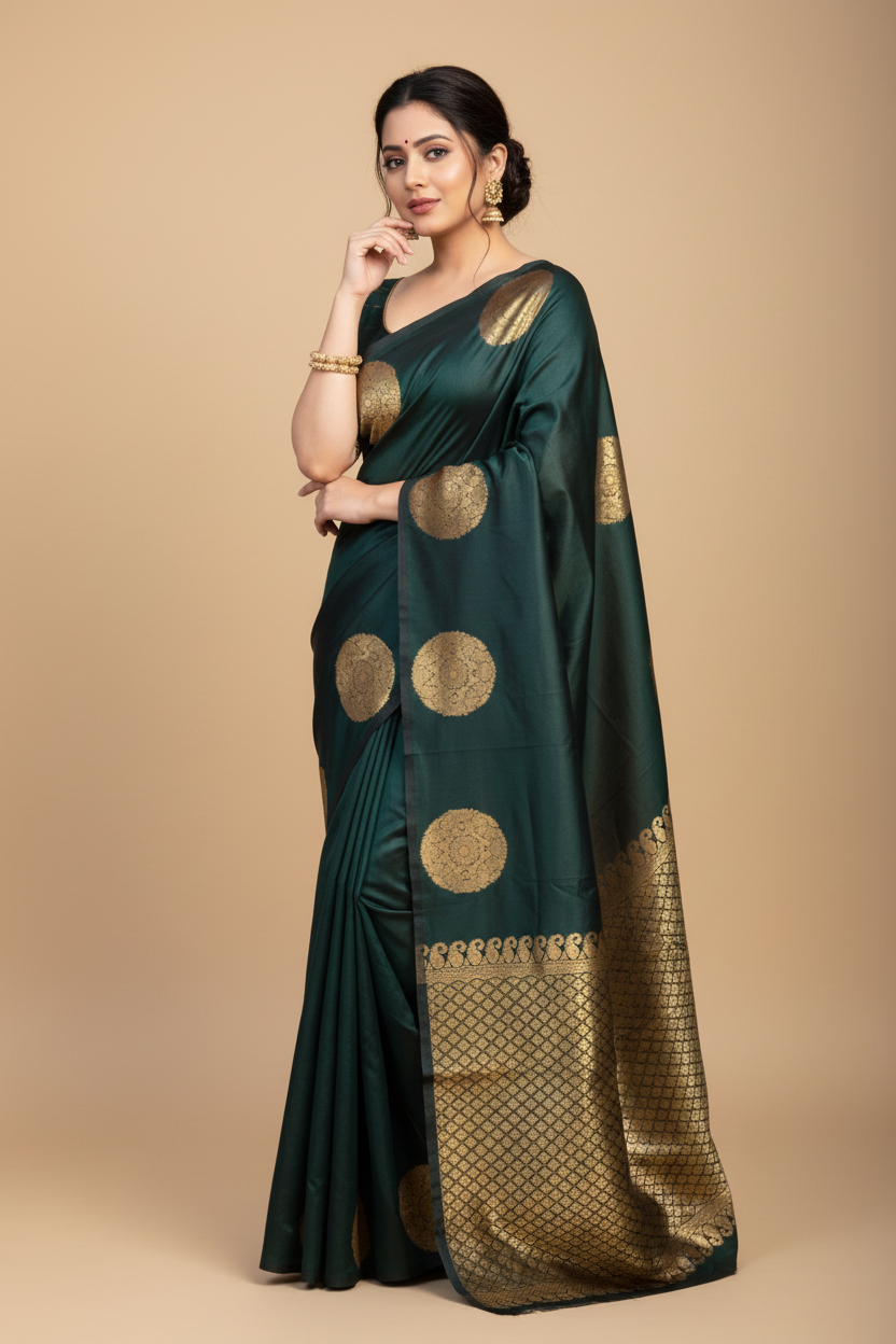 Snuggle Spot Women's Silk Printed Saree With Unstitched Blouse 5.5Mtr (Green)