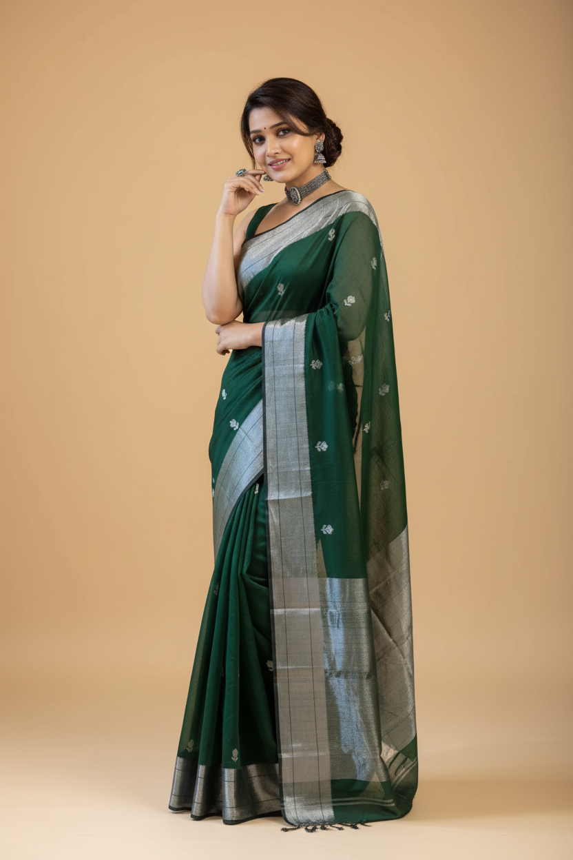 Snuggle Spot Women's Cotton  Printed Saree With Unstitched Blouse 5.5Mtr (Green)
