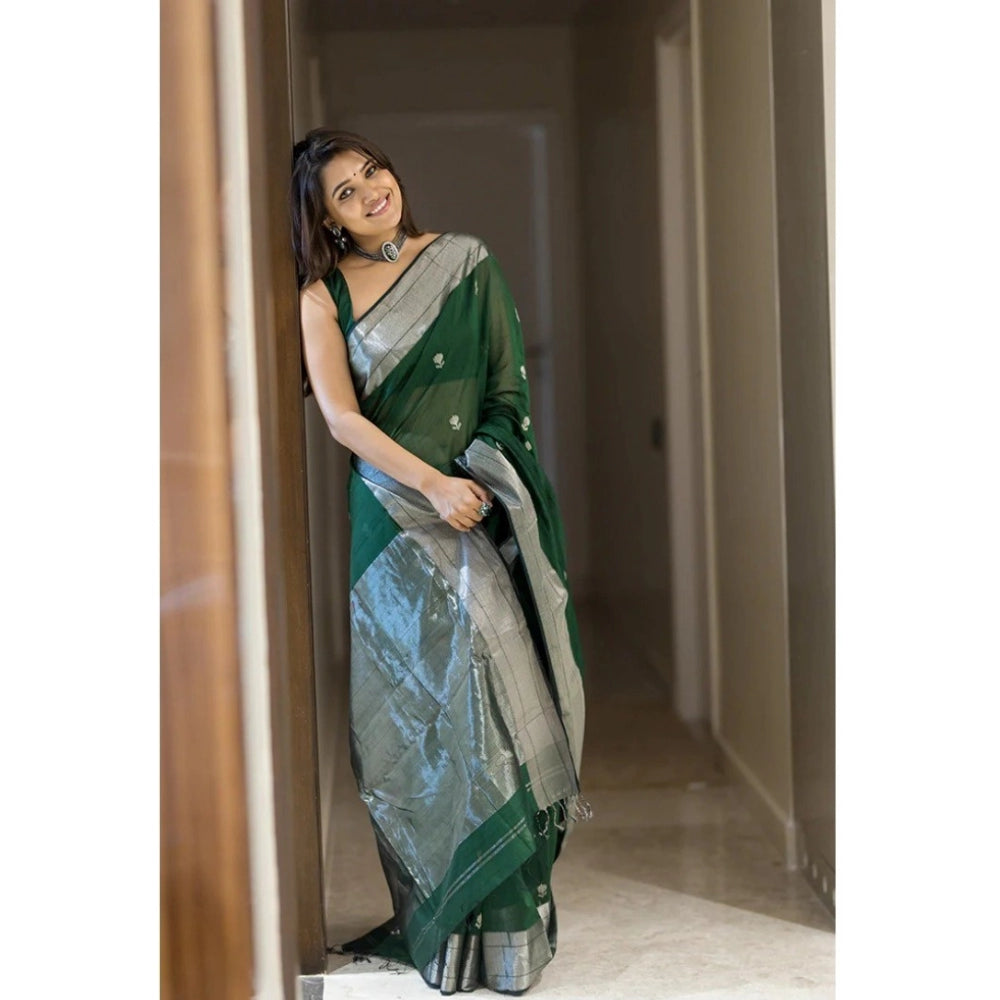 Snuggle Spot Women's Cotton  Printed Saree With Unstitched Blouse 5.5Mtr (Green)