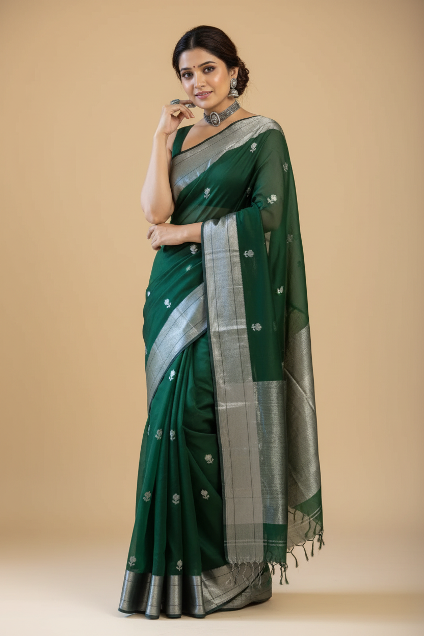 Snuggle Spot Women's Cotton  Printed Saree With Unstitched Blouse 5.5Mtr (Green)
