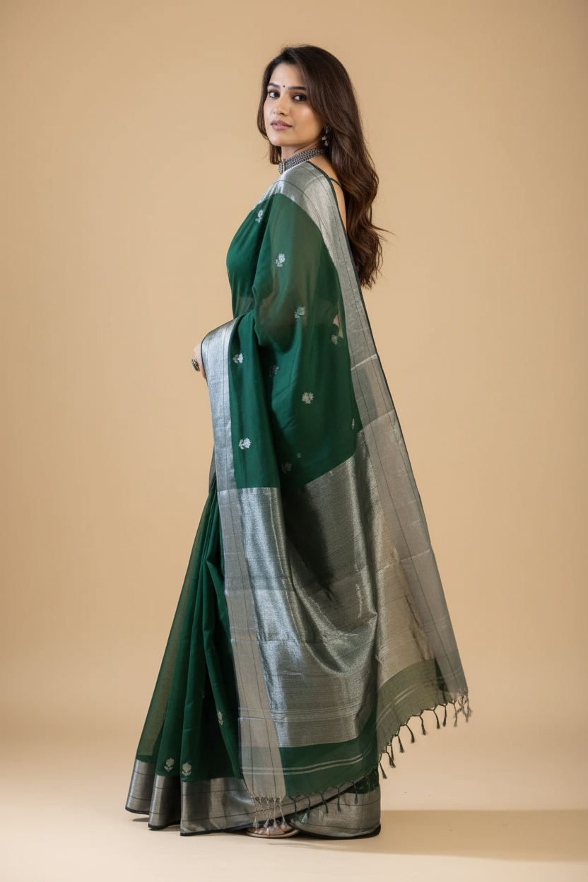 Snuggle Spot Women's Cotton  Printed Saree With Unstitched Blouse 5.5Mtr (Green)