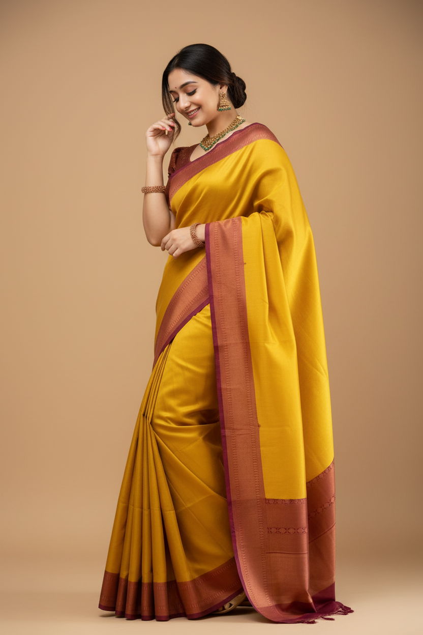 Snuggle Spot Women's Silk Printed Saree With Unstitched Blouse 5.5Mtr (Yellow)