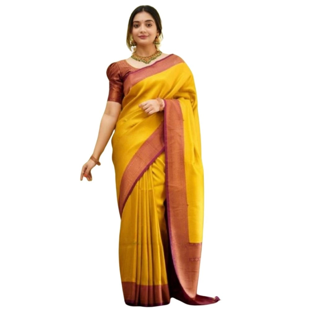 Snuggle Spot Women's Silk Printed Saree With Unstitched Blouse 5.5Mtr (Yellow)