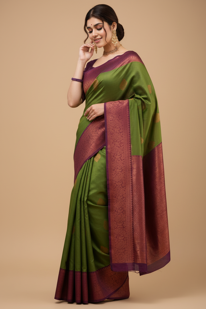 Snuggle Spot Women's Silk Printed Saree With Unstitched Blouse 5.5Mtr (Green)