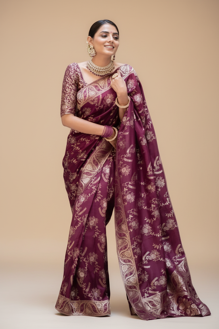 Snuggle Spot Women's Silk Printed Saree With Unstitched Blouse 5.5Mtr (Wine)
