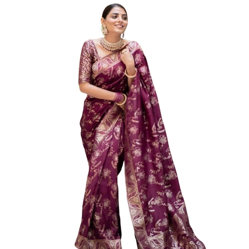 Snuggle Spot Women's Silk Printed Saree With Unstitched Blouse 5.5Mtr (Wine)