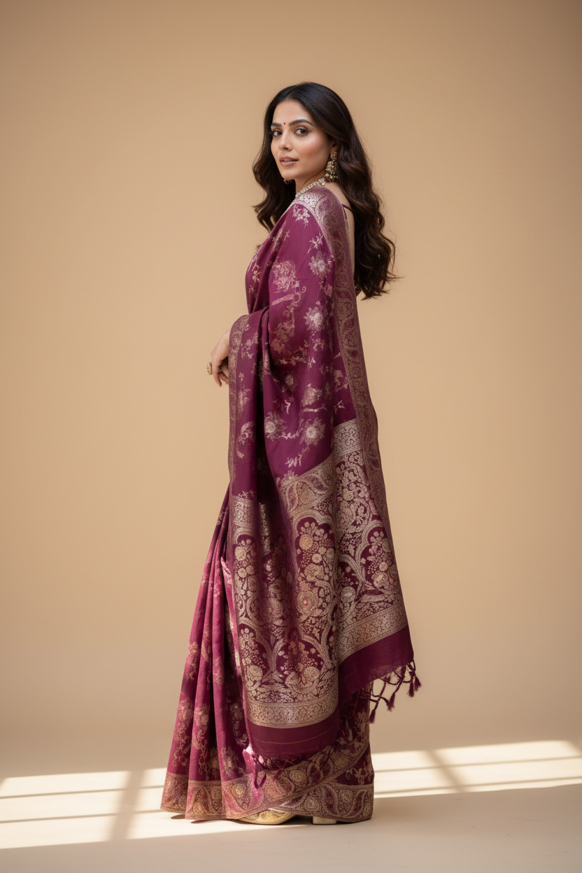 Snuggle Spot Women's Silk Printed Saree With Unstitched Blouse 5.5Mtr (Wine)