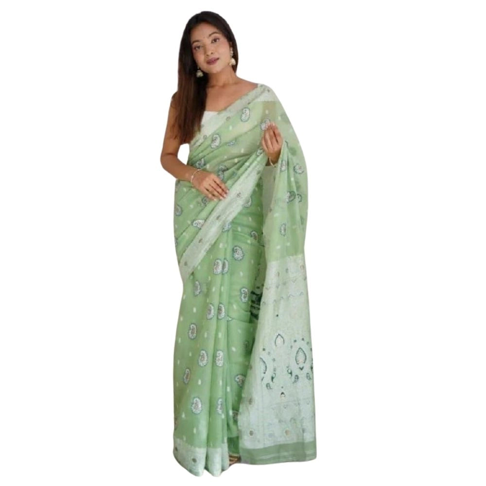 Snuggle Spot Women's Cotton  Printed Saree With Unstitched Blouse 5.5Mtr (Pista)