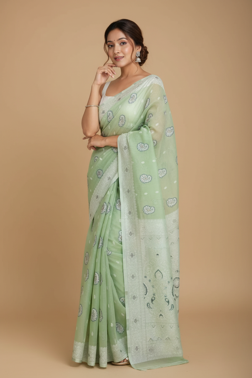 Snuggle Spot Women's Cotton  Printed Saree With Unstitched Blouse 5.5Mtr (Pista)
