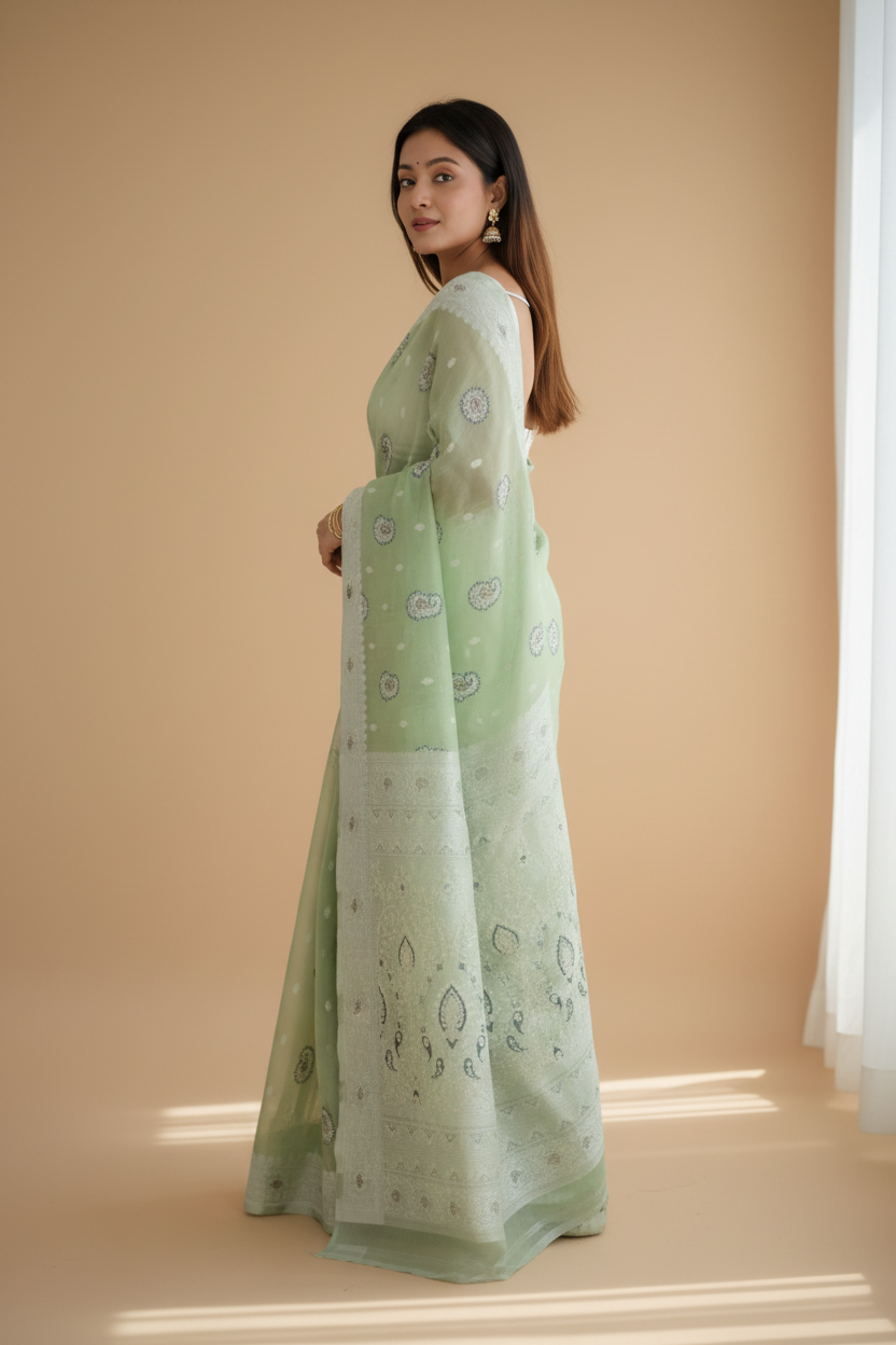 Snuggle Spot Women's Cotton  Printed Saree With Unstitched Blouse 5.5Mtr (Pista)