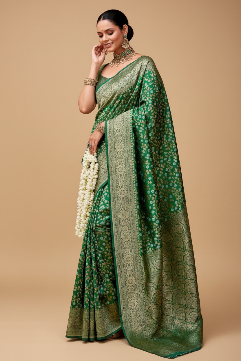 Snuggle Spot Women's Silk Printed Saree With Unstitched Blouse 5.5Mtr (Green)