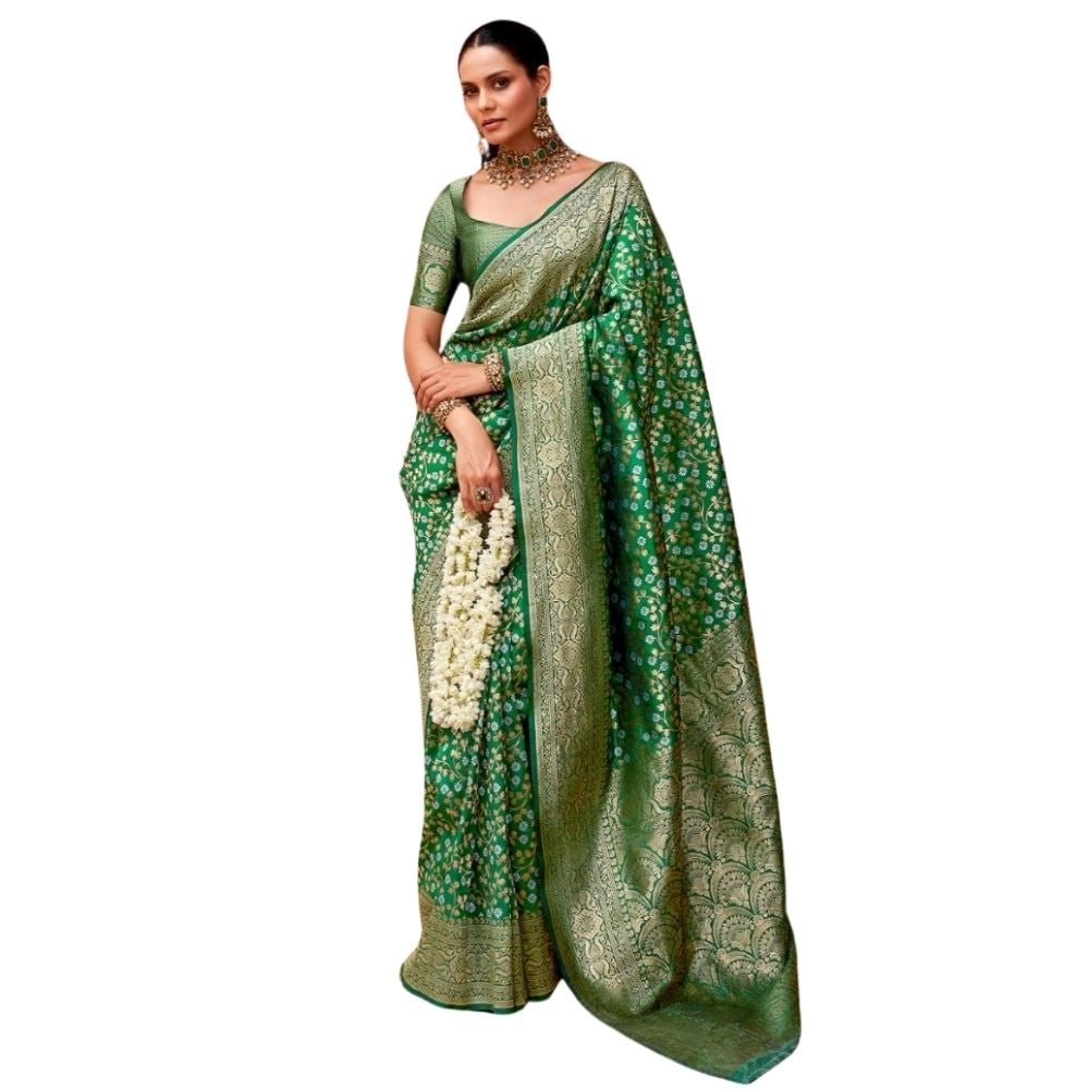 Snuggle Spot Women's Silk Printed Saree With Unstitched Blouse 5.5Mtr (Green)