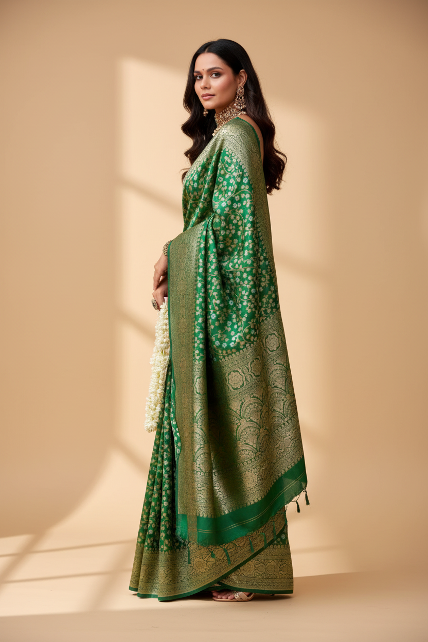 Snuggle Spot Women's Silk Printed Saree With Unstitched Blouse 5.5Mtr (Green)