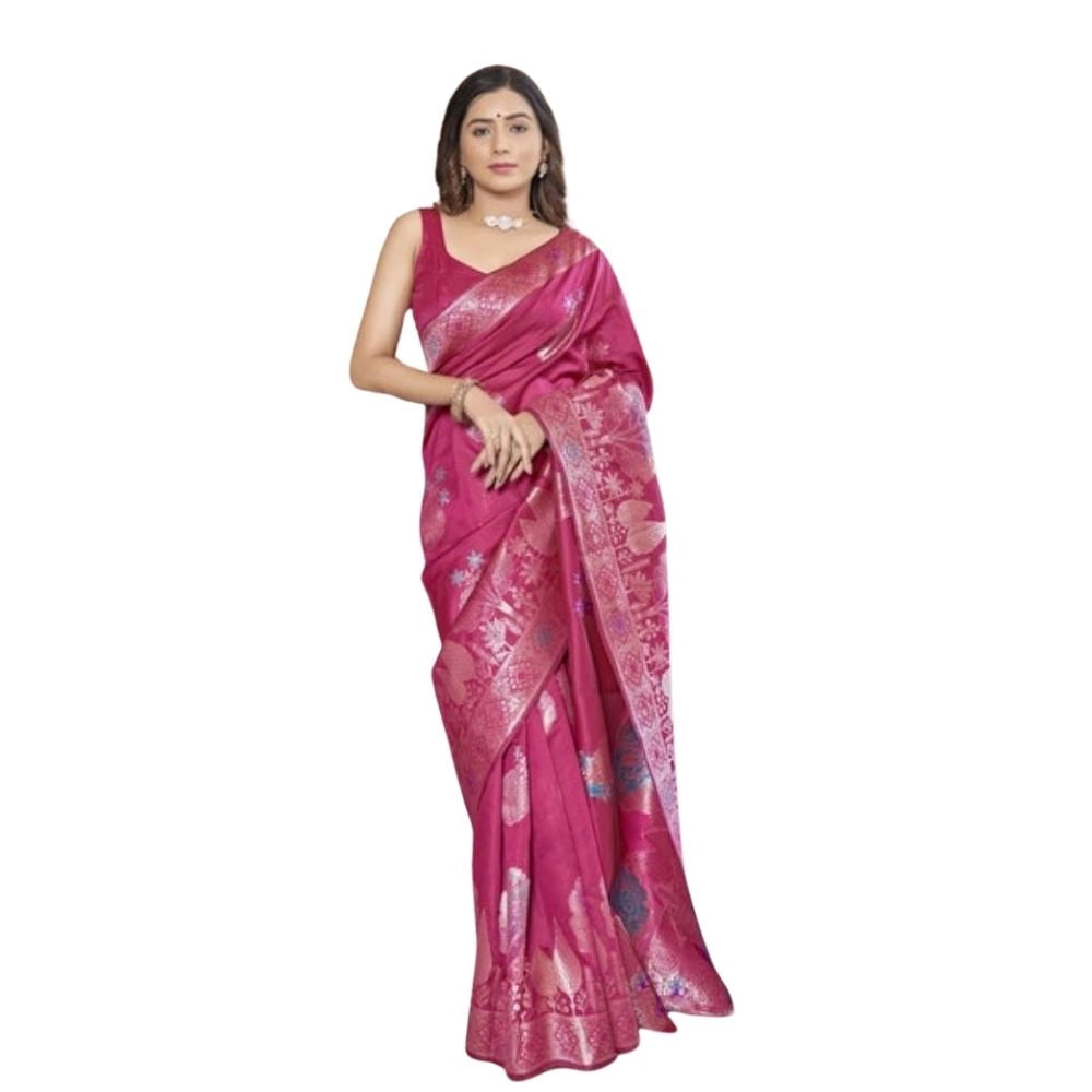Snuggle Spot Women's Silk Printed Saree With Unstitched Blouse 5.5Mtr (Rani Pink)