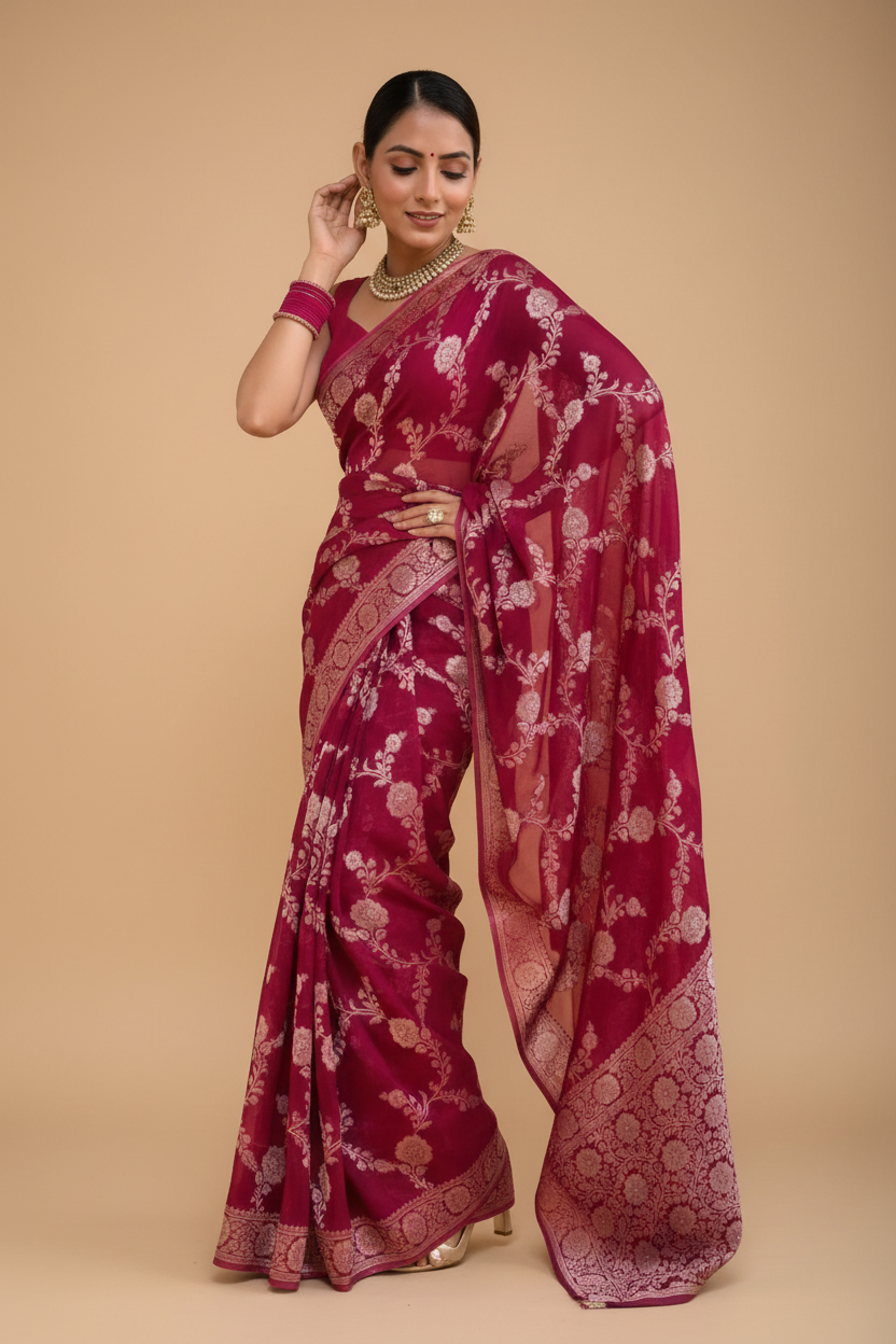 Snuggle Spot Women's Silk Printed Saree With Unstitched Blouse 5.5Mtr (Pink)