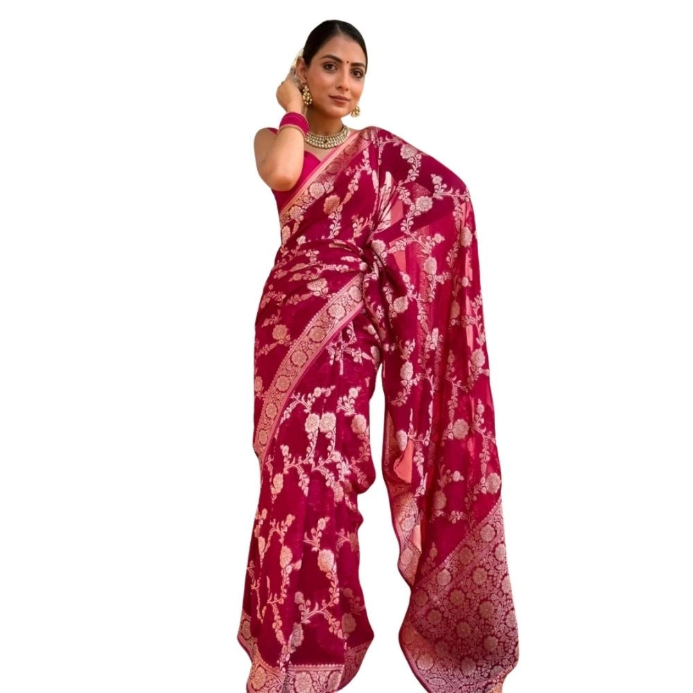 Snuggle Spot Women's Silk Printed Saree With Unstitched Blouse 5.5Mtr (Pink)