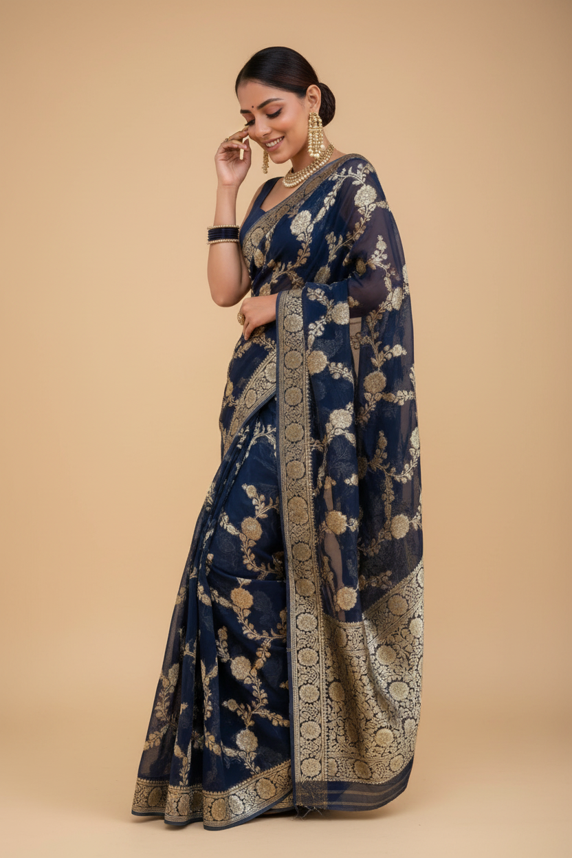 Snuggle Spot Women's Silk Printed Saree With Unstitched Blouse 5.5Mtr (Dark Blue)