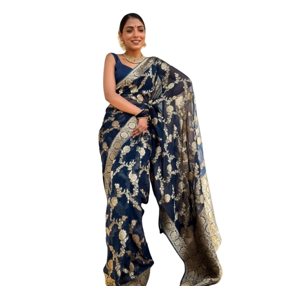 Snuggle Spot Women's Silk Printed Saree With Unstitched Blouse 5.5Mtr (Dark Blue)