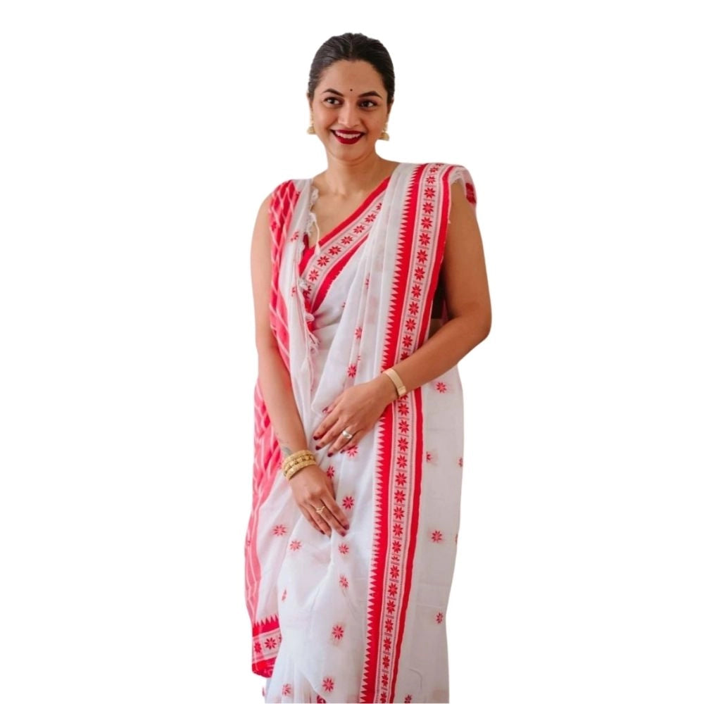 Snuggle Spot Women's Cotton  Printed Saree With Unstitched Blouse 5.5Mtr (White-Pink)