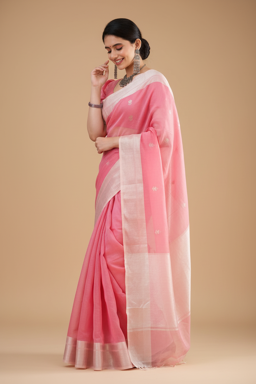 Snuggle Spot Women's Cotton  Printed Saree With Unstitched Blouse 5.5Mtr (Pink)