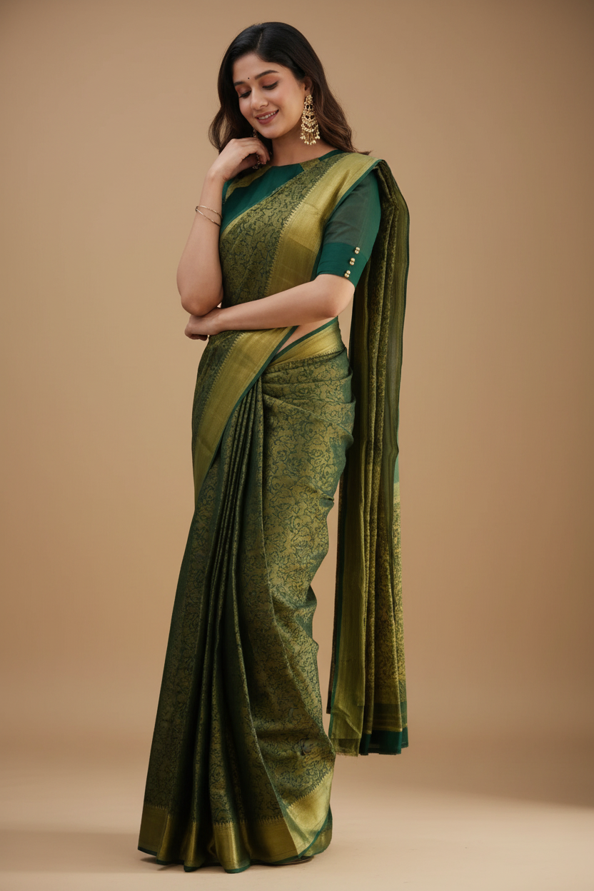 Snuggle Spot Women's Silk Printed Saree With Unstitched Blouse 5.5Mtr (Green)
