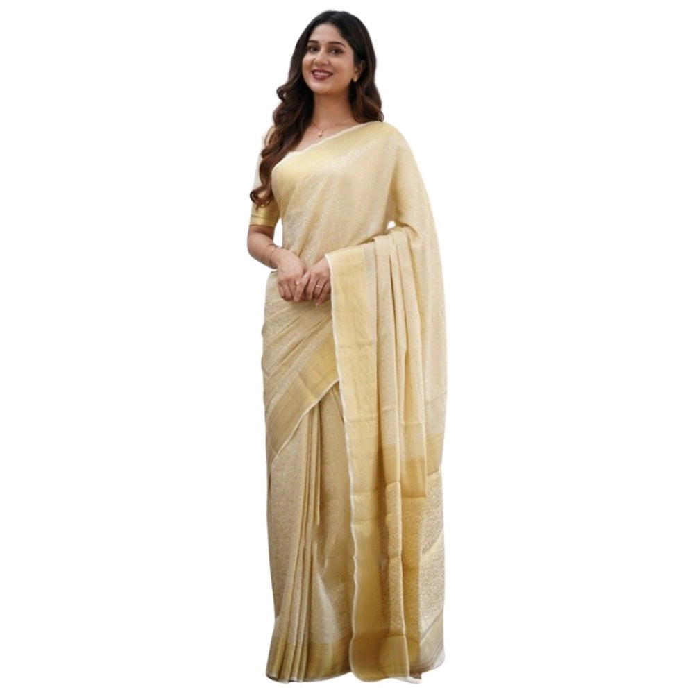 Snuggle Spot Women's Silk Printed Saree With Unstitched Blouse 5.5Mtr (Cream)