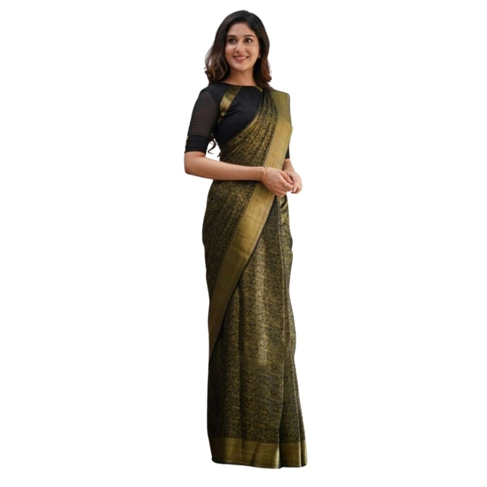 Snuggle Spot Women's Silk Printed Saree With Unstitched Blouse 5.5Mtr (Black)