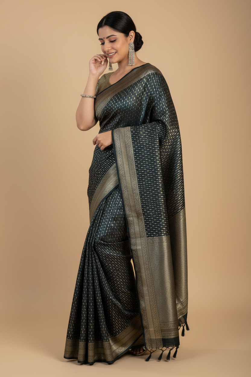Snuggle Spot Women's Silk Printed Saree With Unstitched Blouse 5.5Mtr (Black)