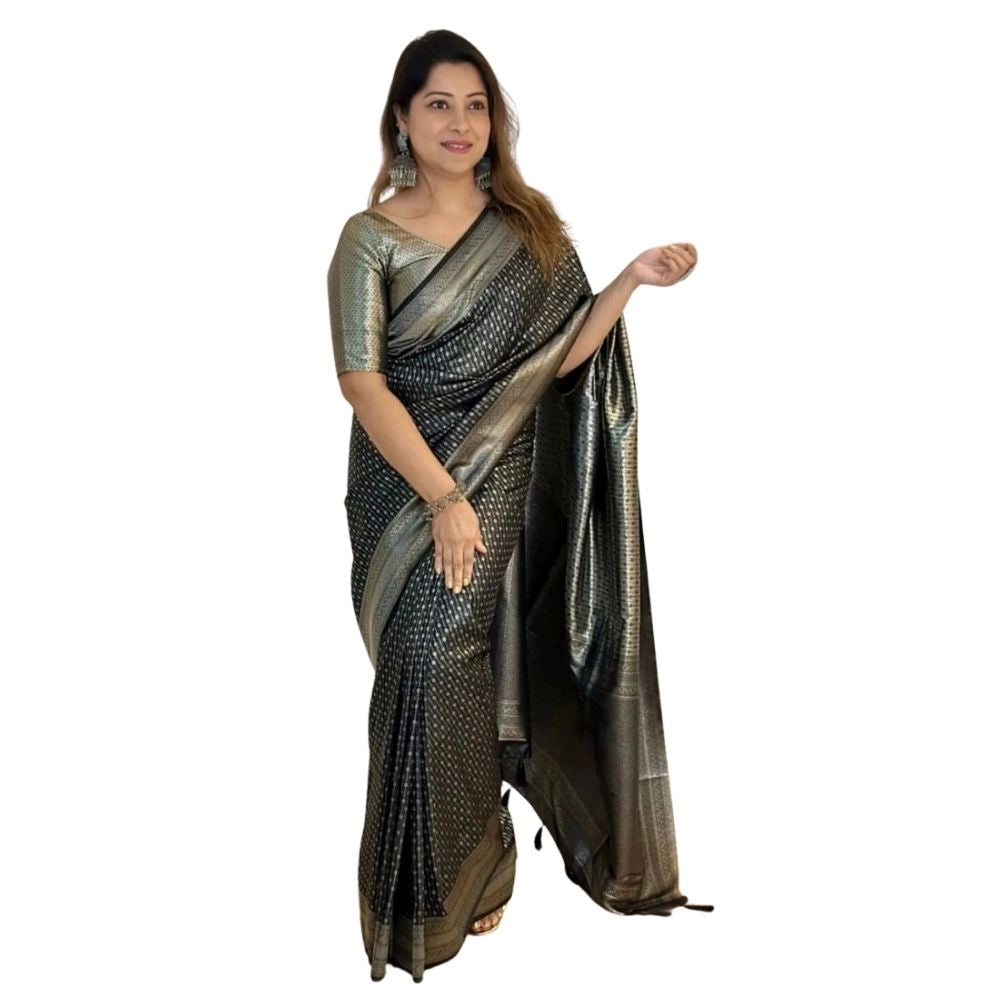 Snuggle Spot Women's Silk Printed Saree With Unstitched Blouse 5.5Mtr (Black)