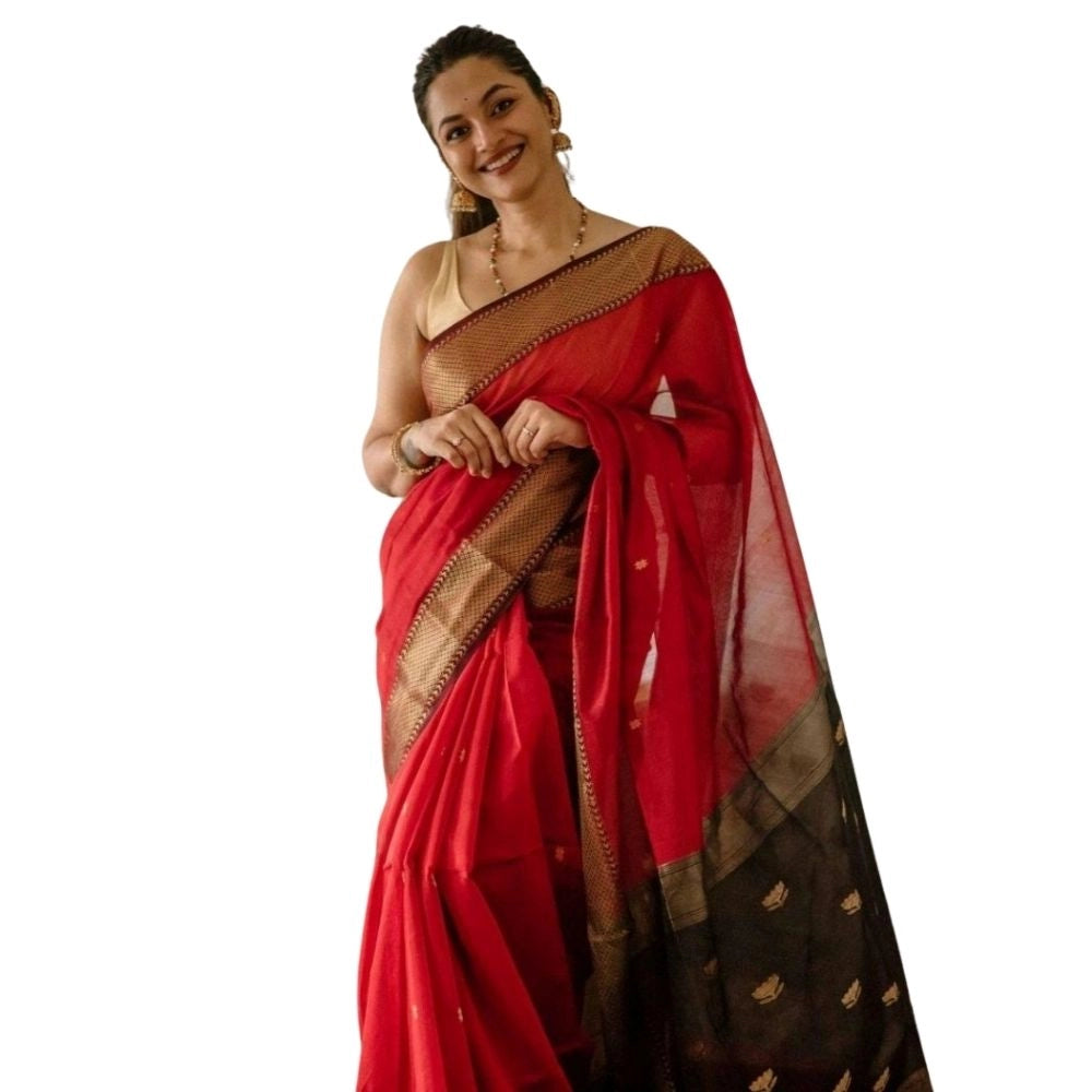 Snuggle Spot Women's Cotton  Printed Saree With Unstitched Blouse 5.5Mtr (Red)