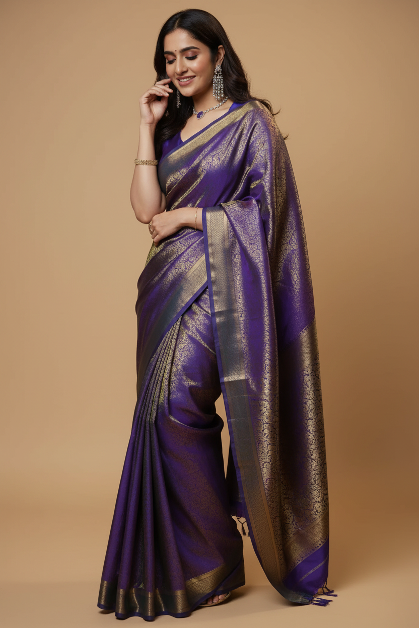 Snuggle Spot Women's Silk Printed Saree With Unstitched Blouse 5.5Mtr (Purple)