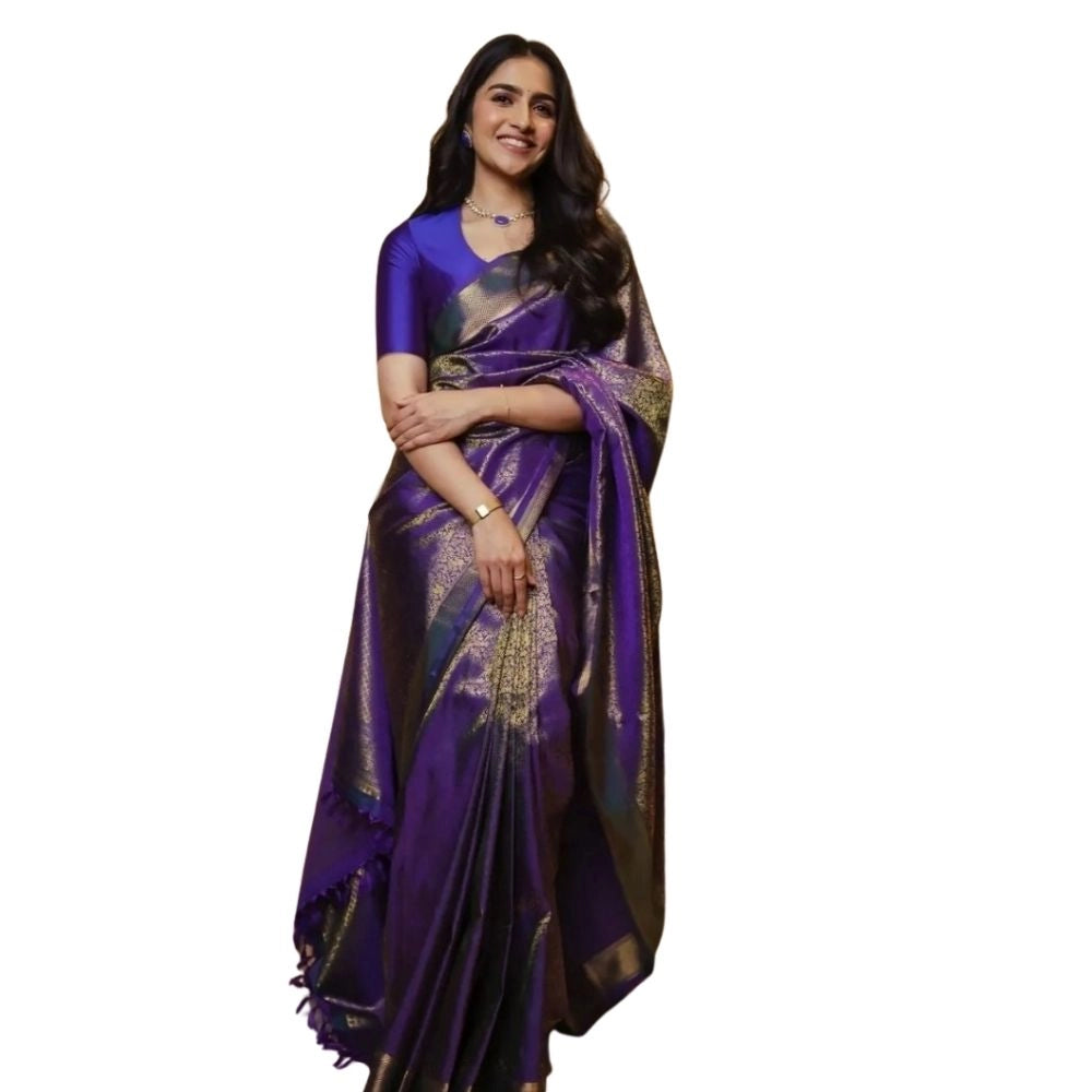 Snuggle Spot Women's Silk Printed Saree With Unstitched Blouse 5.5Mtr (Purple)