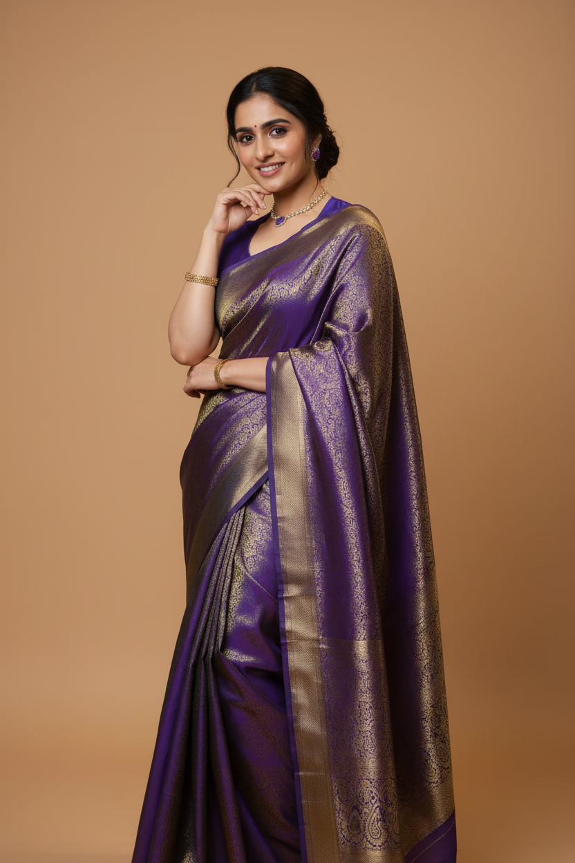 Snuggle Spot Women's Silk Printed Saree With Unstitched Blouse 5.5Mtr (Purple)