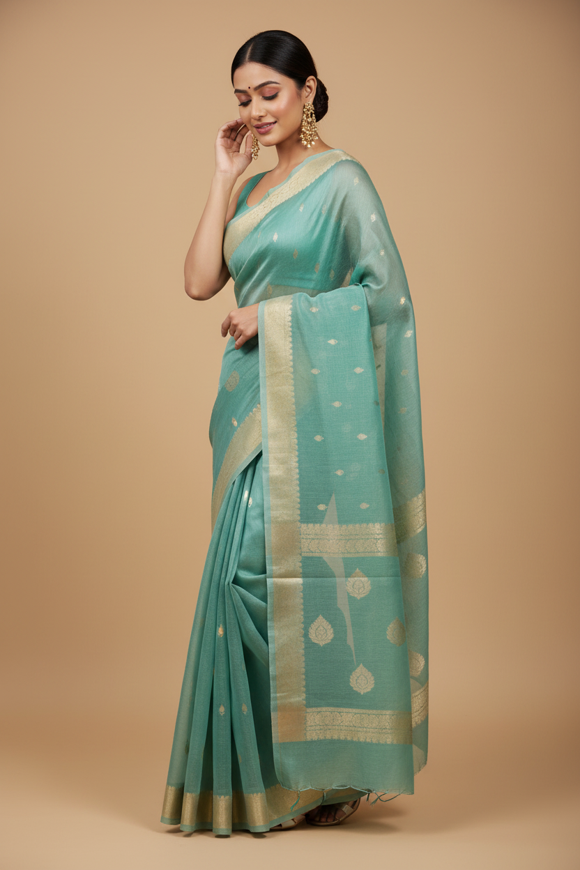 Snuggle Spot Women's Cotton  Printed Saree With Unstitched Blouse 5.5Mtr (Sky)