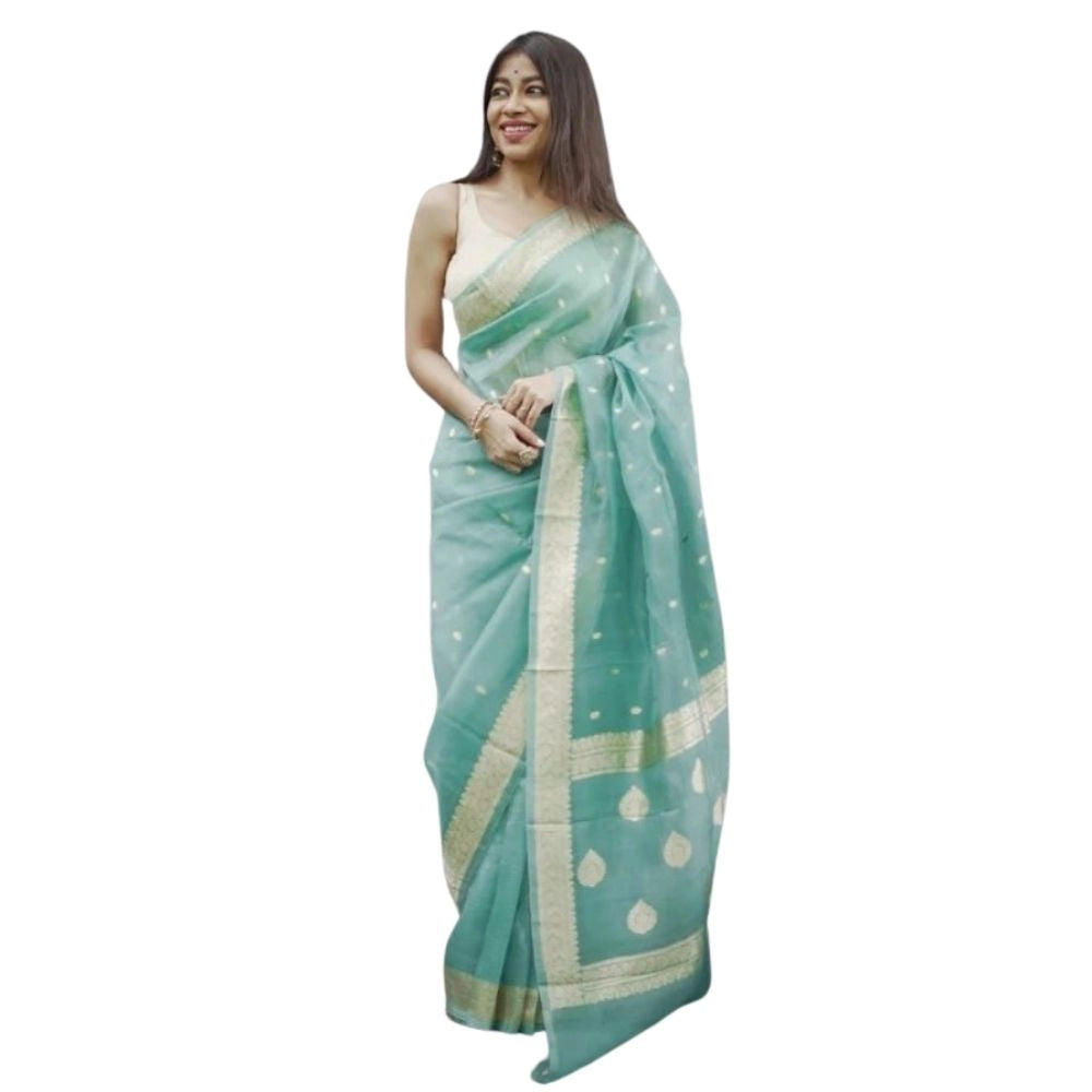 Snuggle Spot Women's Cotton  Printed Saree With Unstitched Blouse 5.5Mtr (Sky)