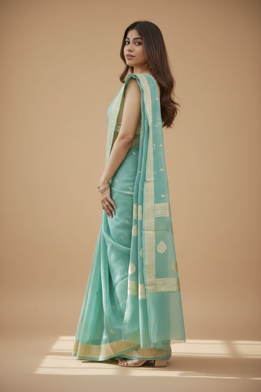Snuggle Spot Women's Cotton  Printed Saree With Unstitched Blouse 5.5Mtr (Sky)