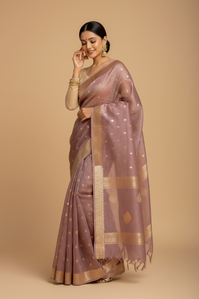 Snuggle Spot Women's Cotton  Printed Saree With Unstitched Blouse 5.5Mtr (Rose Gold)