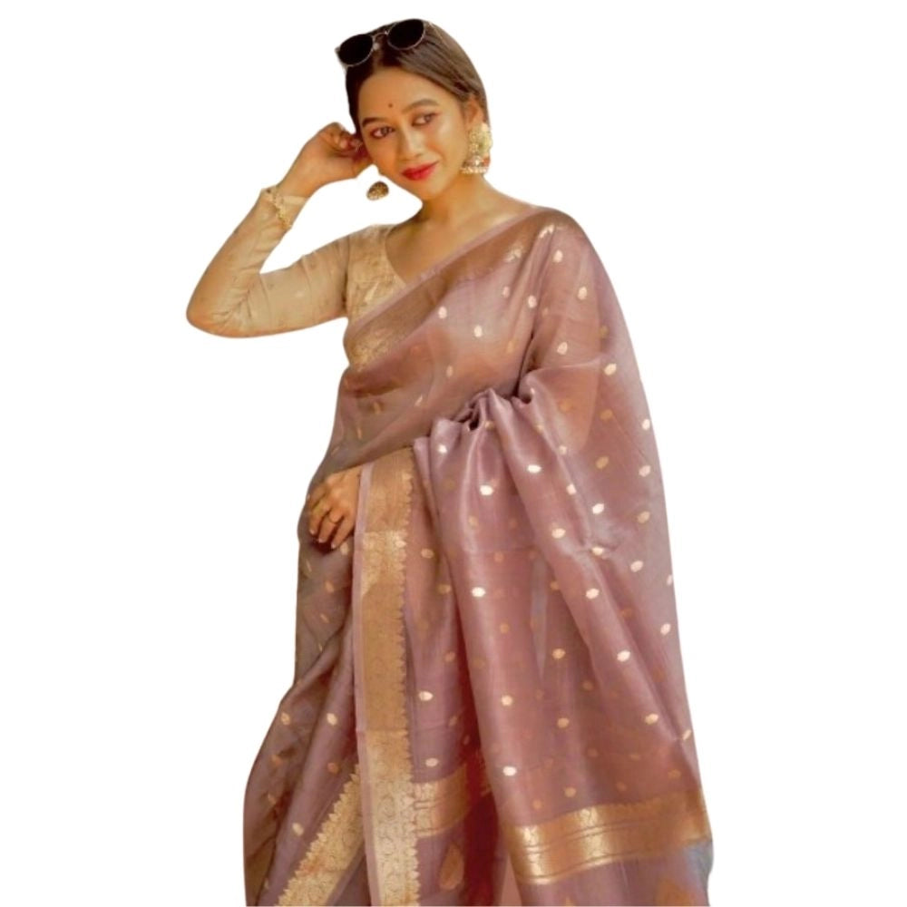 Snuggle Spot Women's Cotton  Printed Saree With Unstitched Blouse 5.5Mtr (Rose Gold)