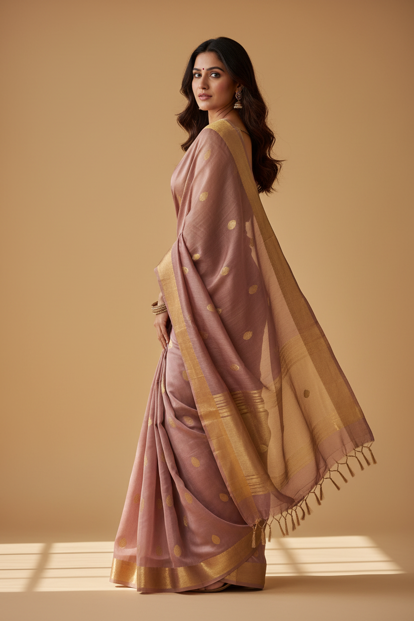 Snuggle Spot Women's Cotton  Printed Saree With Unstitched Blouse 5.5Mtr (Rose Gold)