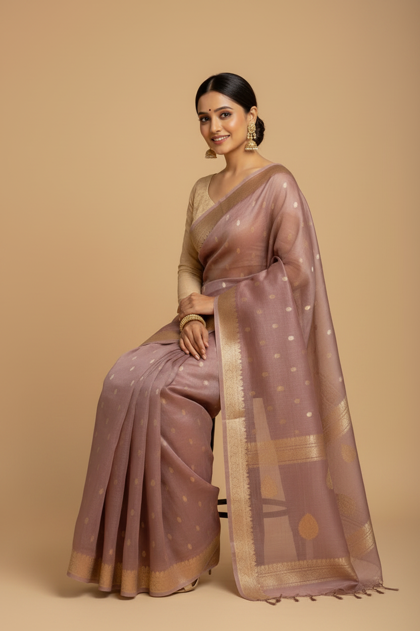 Snuggle Spot Women's Cotton  Printed Saree With Unstitched Blouse 5.5Mtr (Rose Gold)