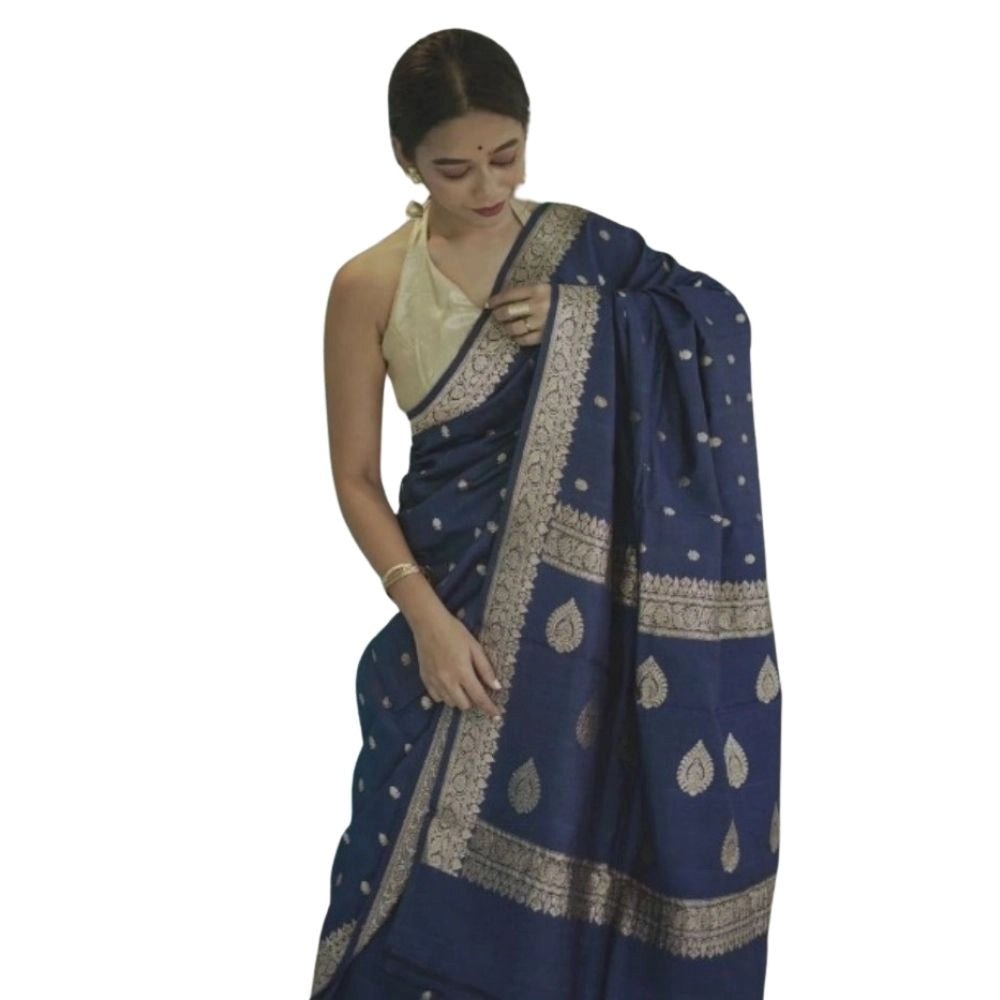 Snuggle Spot Women's Cotton  Printed Saree With Unstitched Blouse 5.5Mtr (Navy Blue)