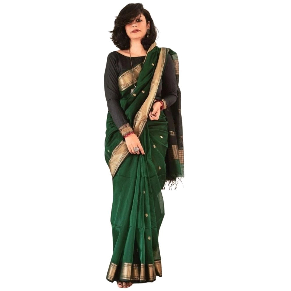 Snuggle Spot Women's Silk Printed Saree With Unstitched Blouse 5.5Mtr (Dark Green)