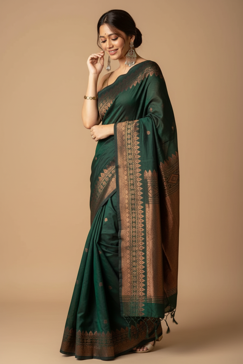 Snuggle Spot Women's Silk Printed Saree With Unstitched Blouse 5.5Mtr (Green)