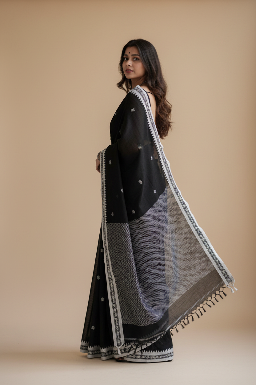 Snuggle Spot Women's Cotton  Printed Saree With Unstitched Blouse 5.5Mtr (Black)