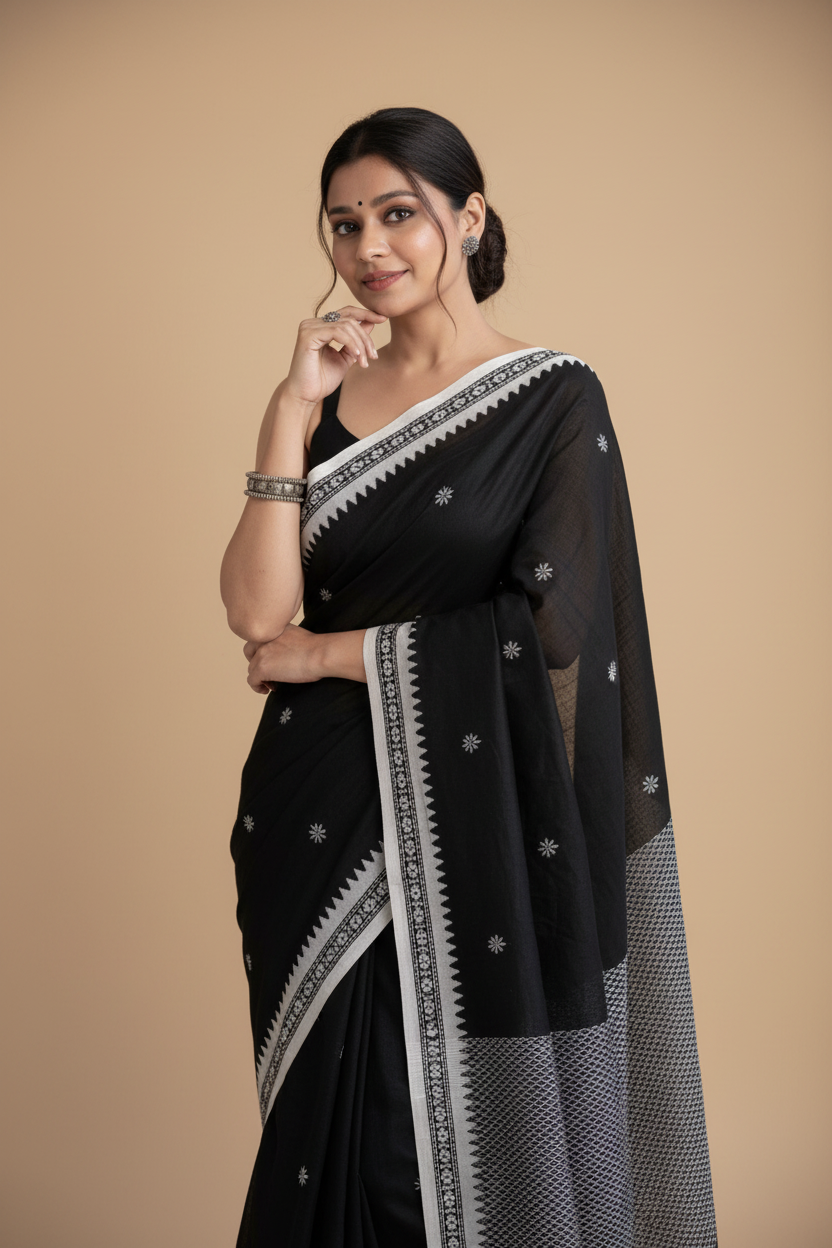 Snuggle Spot Women's Cotton  Printed Saree With Unstitched Blouse 5.5Mtr (Black)