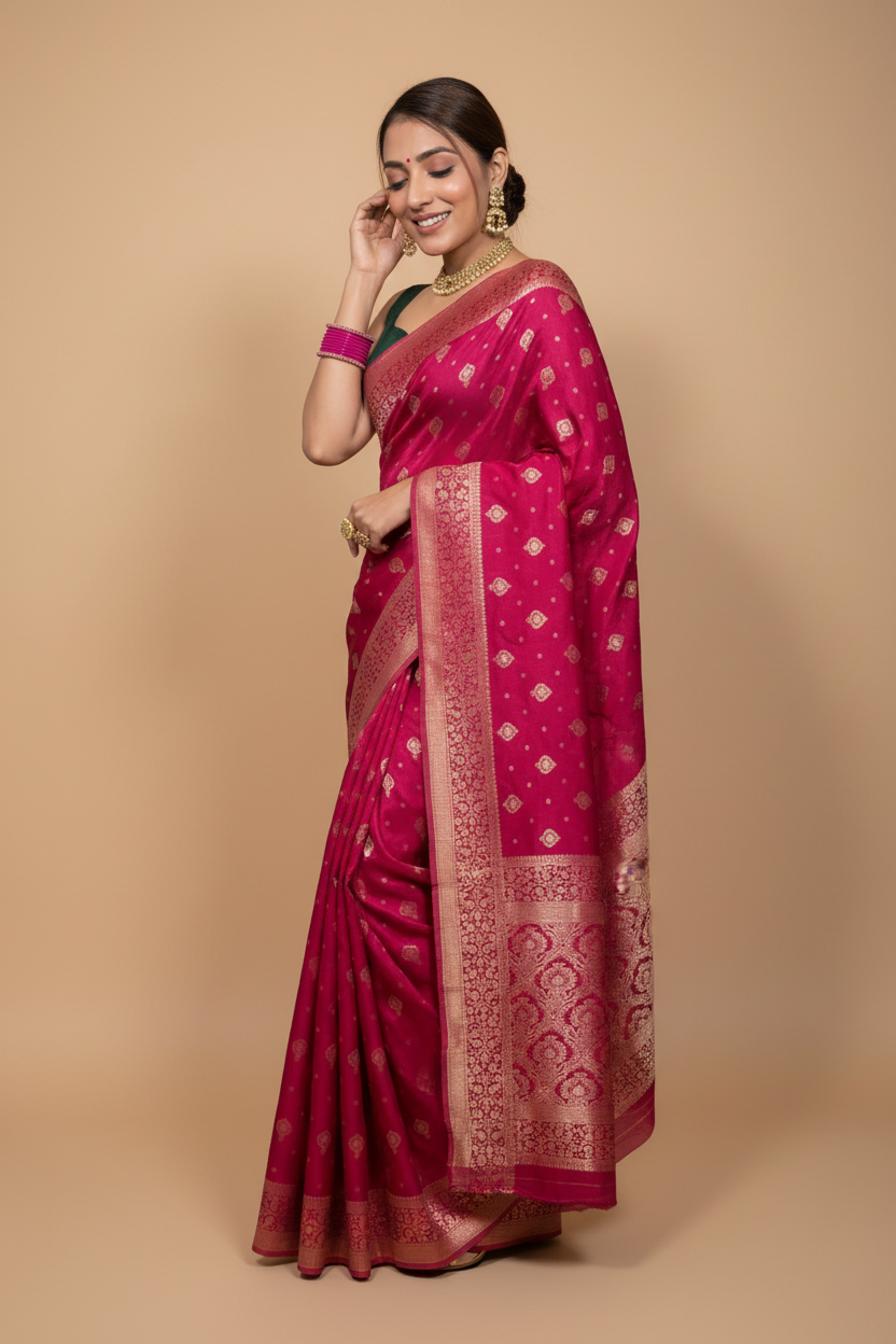 Snuggle Spot Women's Silk Printed Saree With Unstitched Blouse 5.5Mtr (Rani Pink)