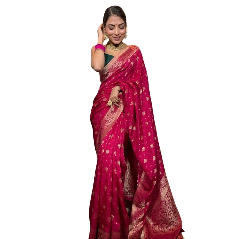 Snuggle Spot Women's Silk Printed Saree With Unstitched Blouse 5.5Mtr (Rani Pink)